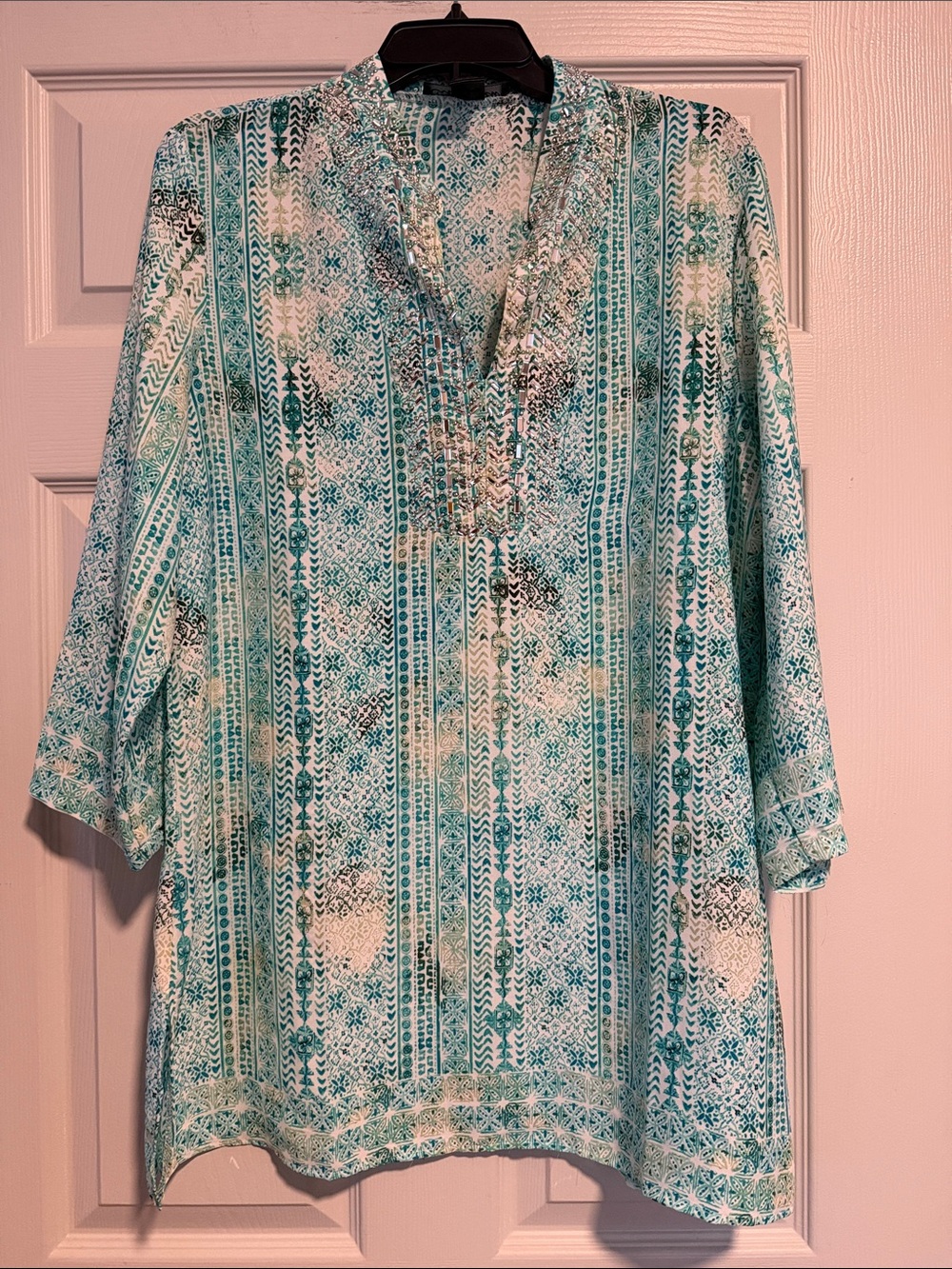 Printed Teal and White Women’s Tunic Top